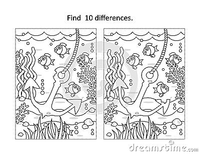 Find 10 differences underwater life scene wiith anchor Vector Illustration